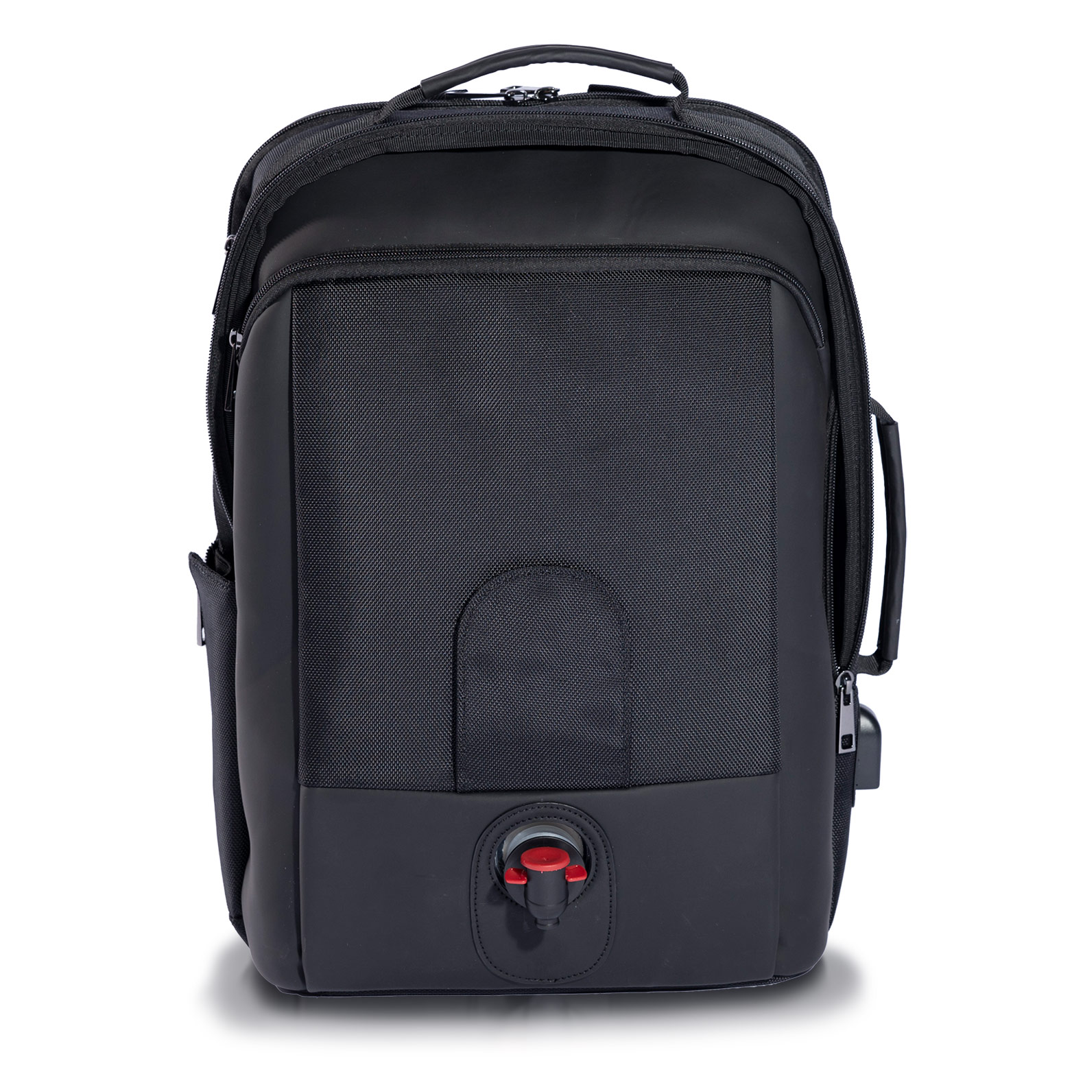 Brasswood's VineExplorer Backpack; a black backpack with a red nozzle at the base.