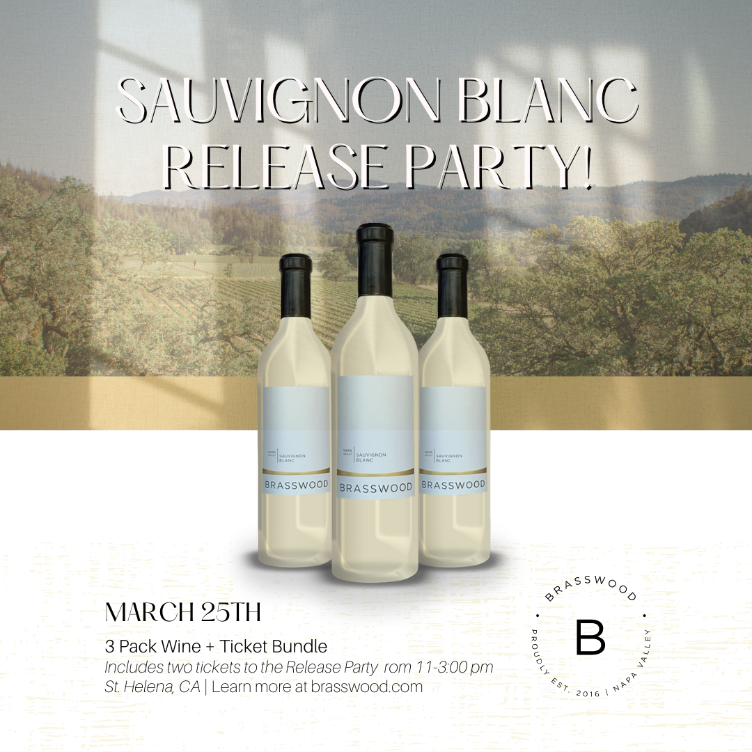 Brasswood's Sauvignon Blanc release party invite, featuring images of 3 bottles of Brasswood's Sauvignon Blanc white wine.