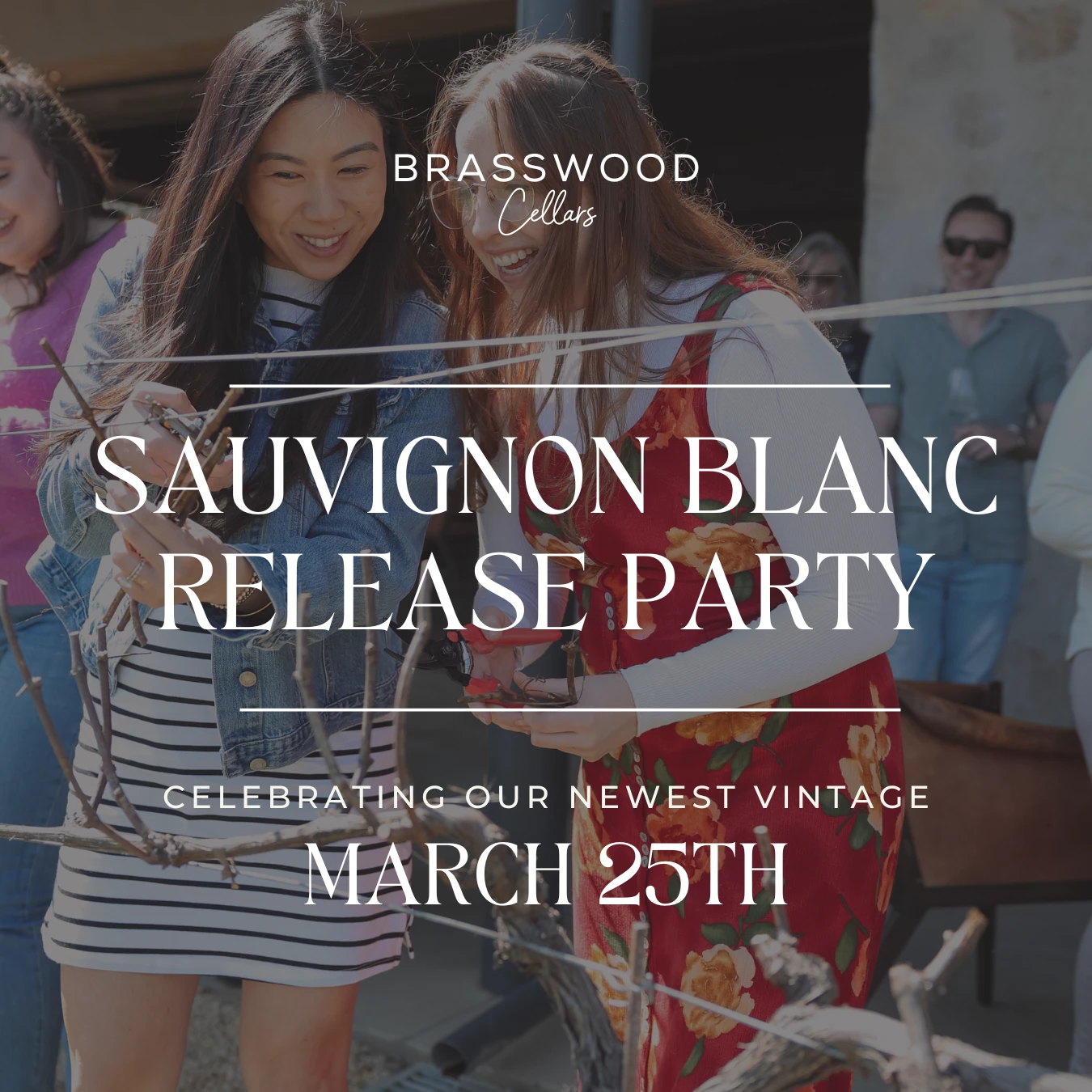 Brasswood's Sauvignon Blanc release party invite, featuring images of 3 bottles of Brasswood's Sauvignon Blanc white wine.