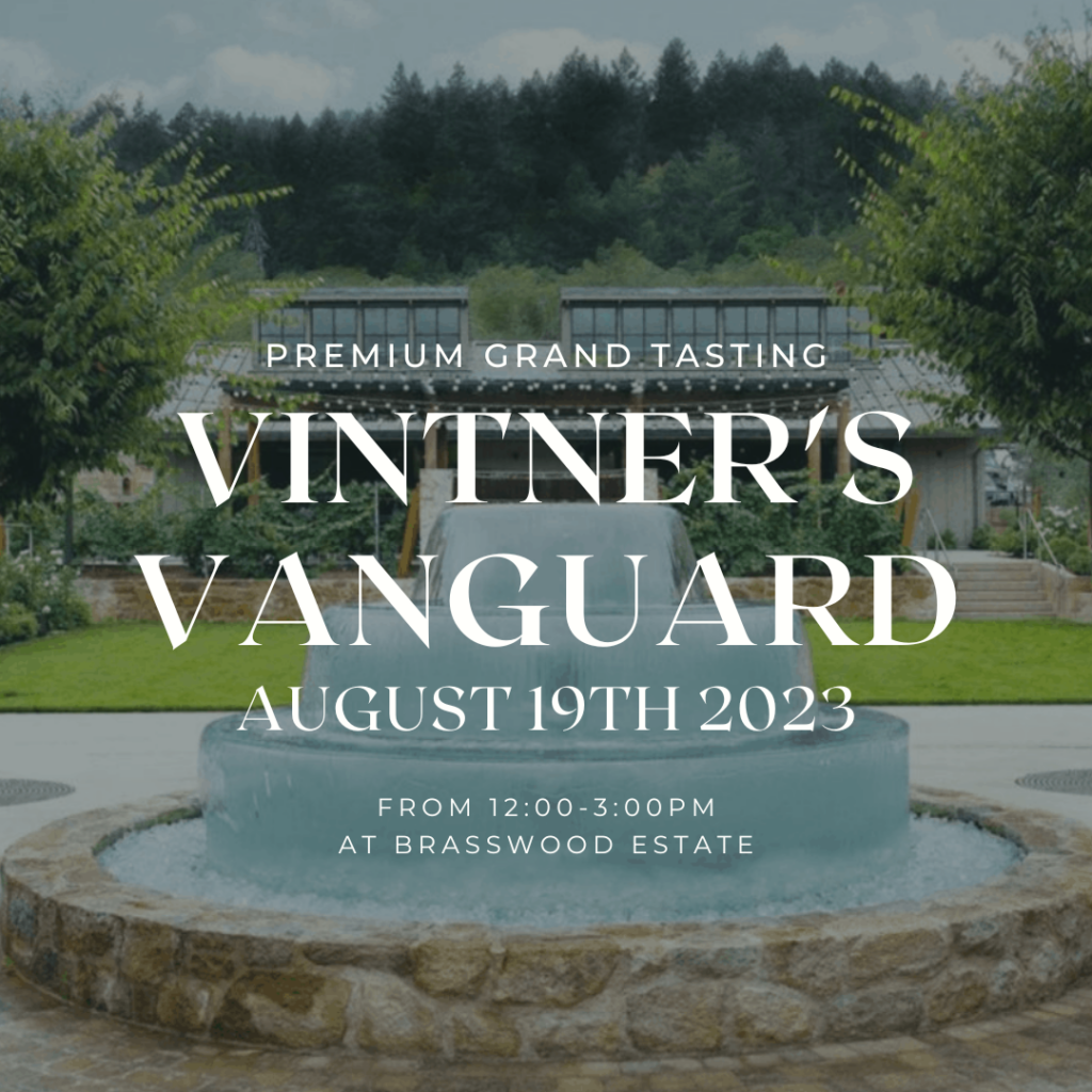 Vintner's Vanguard 2023 event flyer for the August 19th event at Brasswood Estate.