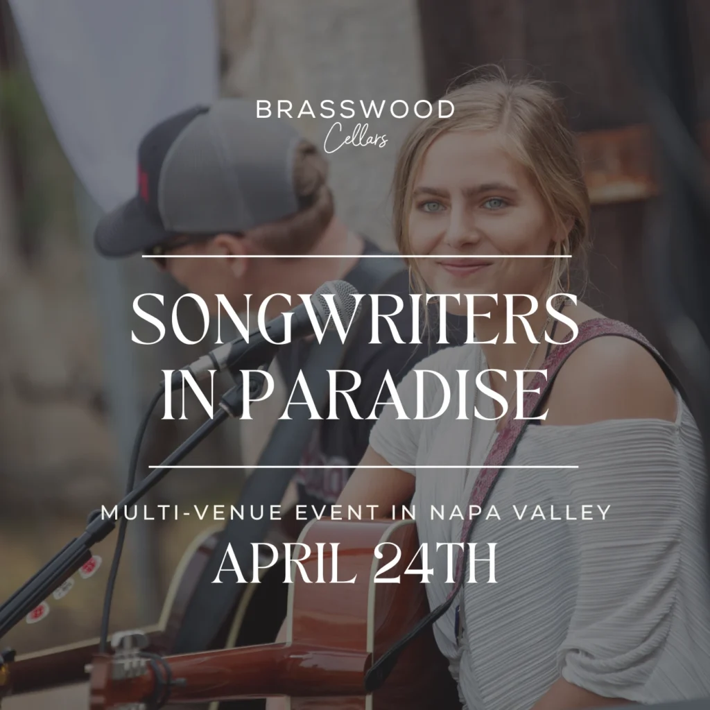 An illustration of a woman sitting in a wine glass, with texting around the perimeter of the illustration that says, "NAPA Songwriters In Paradise", and underneath, details about the event, "3rd Annual | April 21 - 24 2022 Silver Oak • Alpha Omega • Frank Family • Brasswood"