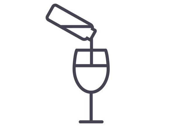 A monochromatic illustration of a fractionalized bottle of wine being poured into a wine glass, demonstrating Coravin Vinitas' fractionalized bottling process.